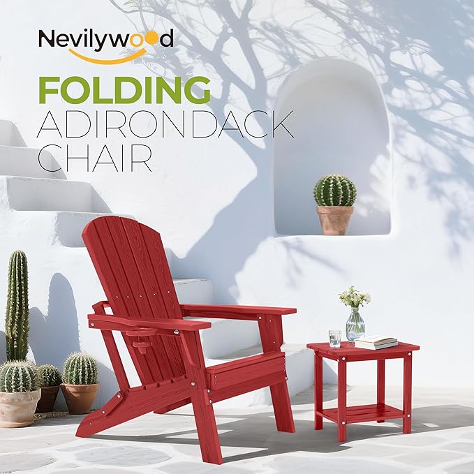 nevilywood Folding Adirondack Chair with Cup Holder,HDPE All-Weather Patio Chairs,Plastic Outdoor Chairs- Looks Exactly Like Real Wood-Red