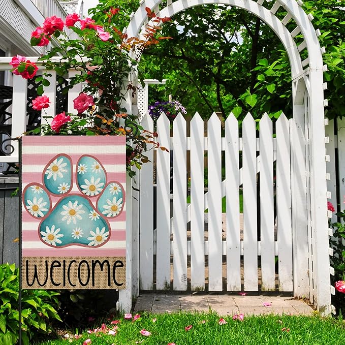 Welcome Spring Garden Flags for Outside, Dog Paw with Daisy Flowers Stripes Yard Decoration, Small Seasonal Outdoor Decor for Summer Farmhouse Holiday,12x18 Inch Double Sided
