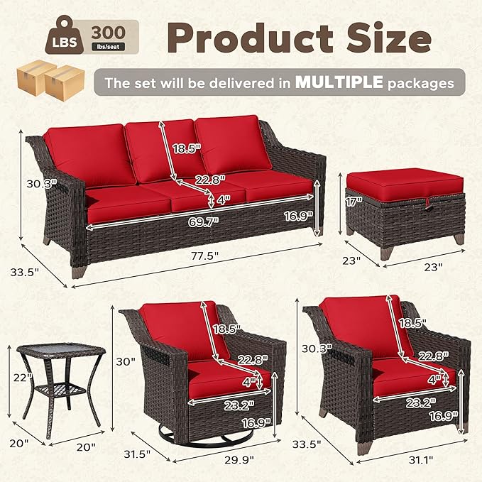 8 Pieces Patio Conversation Furniture Set - 1 Sofa, 2 Ottomans, 2 Armchairs, 2 Swivel Chairs, 1 Side Table, Outdoor Wicker Furniture with Removable Cushions for Porch, Sunroom (Red)