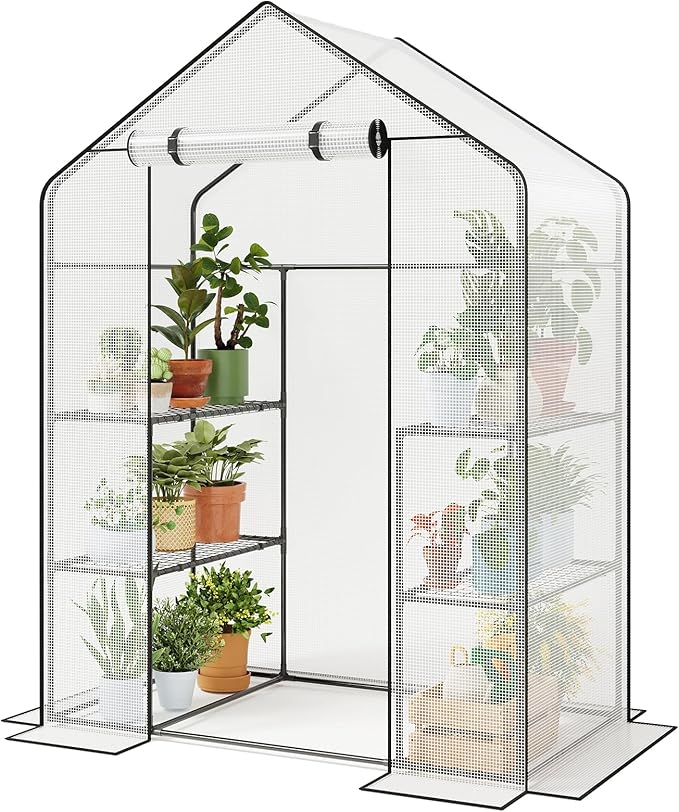 Superlele Walk-in Greenhouse for Outdoor, 56x29x77 Inch Portable Garden Green House with 6 Tiers (3 Tiers Each Side), Reinforced White PE Mesh Cover, 4 Ground Stakes for Stability, Zippered Door