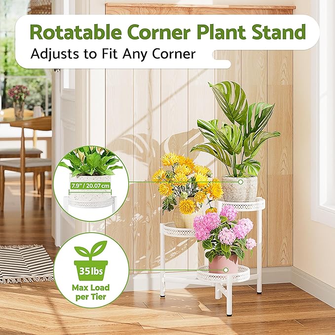 NQW 3 Tiered Tall Plant Stand Indoor Outdoor, Metral Plant Shelf for Corner Display Rack, Multi-Tier Folding Planter Pot Holder Flower Stand for Living Room Balcony Garden Patio - WhiteWave
