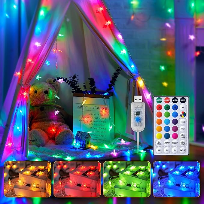 Minetom USB Star String Lights - 39 ft 100 LED Color Changing Star Fairy Lights with Remote and Timer, 16 Single Colors and 7 Modes Starry Lights for Bedroom Dorm Tent Bed Patio Christmas Party Indoor