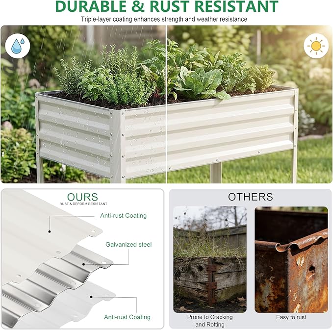 Elevated Raised Garden Bed with Legs, 48x24x32in Galvanized Planter Box Outdoor with Drainage Holes, Large Metal Raised Beds for Gardening Vegetables Herbs, Backyard, Patio, Balcony, White