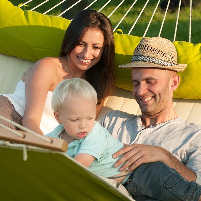 LA SIESTA® Alabama Quilted Hammock with Spreader Bar & TreeMount, Fabric Tree Hammock with Tree Straps for Beams Posts - Weatherproof Outdoor Hammock - 2 Person Double Hammock Bed - XL King, Avocado