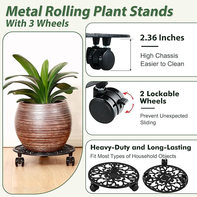 3 Packs 11 Inch Rolling Plant Stand with Wheels Wrought Iron Rolling Plant Stand with Casters Heavy Duty for Indoor Plants Rollers with Wheels Metal Round Plant Dolly