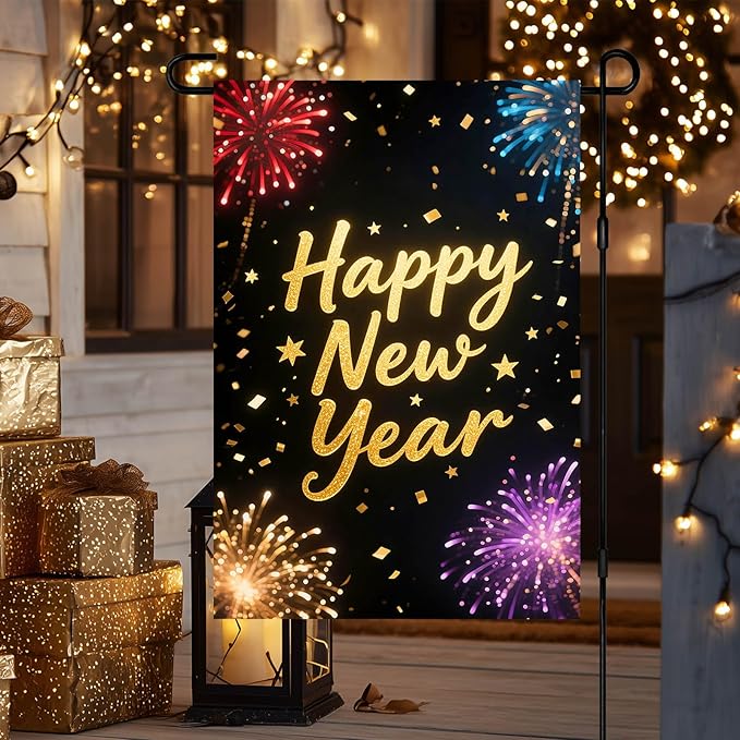 Happy New Year Garden Flag 12x18 Inch Double Sided Celebration Flag Banner Outdoor Yard Decoration for Home Lawn Porch House Seasonal Holiday Welcome Garden Flags