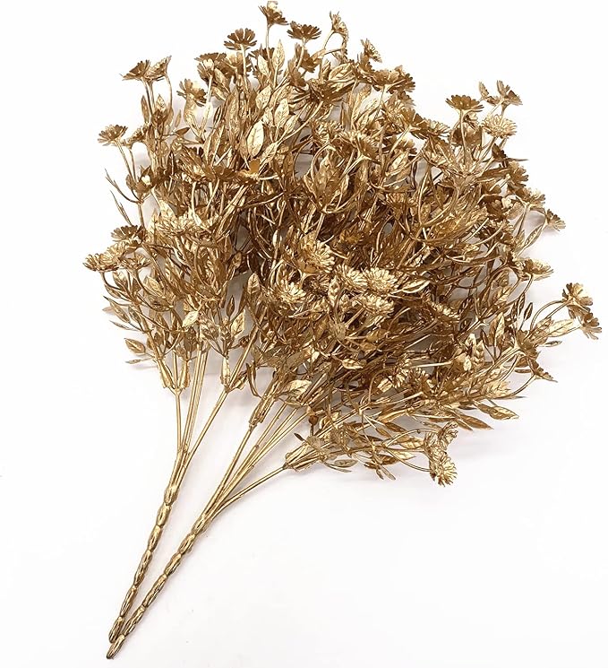 PASYOU Artificial Gold Flowers, Plastic Simulation Plants Golden Daisy Leaves Faux Shrubs for Indoor Outdoor Home Garden Planter Filler Party Hotel Verandah Wedding DIY Decoration 4 Pack