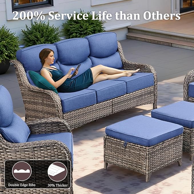 Luxury Patio Furniture Set with 42.5" Fire Pit Table, 6 Pieces High Back All Weather Wicker Outdoor Furniture w/ 6-Inch Thick Cushions, Patio Swivel Chairs Couch for Deck Balcony Backyard Grey/Blue