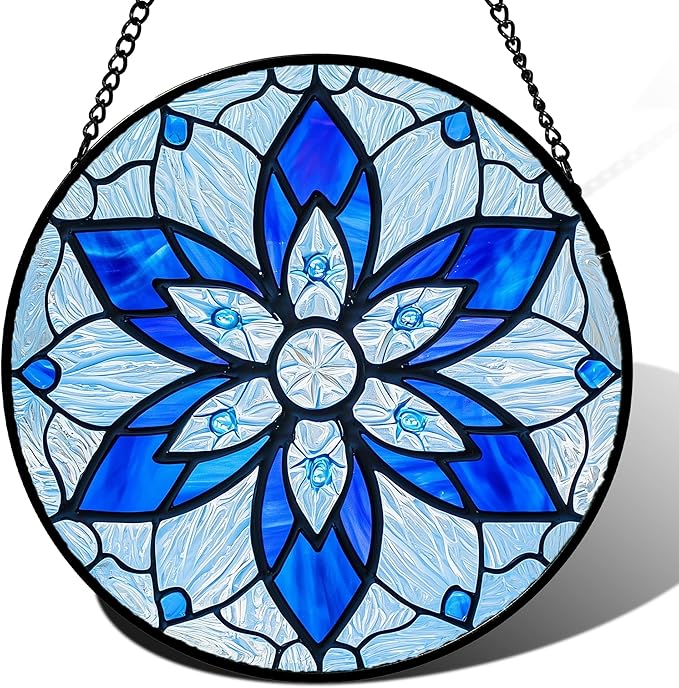 AMDERVEN Stained Glass Window Hanging, Blue Tiffany Style Flowers Sun Catcher for Window Door Home Decor Suncatcher Christmas Mother's Day Birthday Gifts for Women Men Mom and Nana 11.8 in