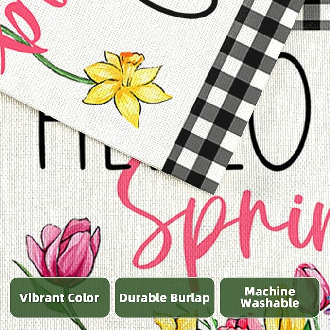 Hello Spring Garden Flags for Outside, Buffalo Plaid Truck with Flowers Yard Decoration, Small Seasonal Summer Outdoor Decor for Farmhouse Holiday,12x18 Inch Double Sided