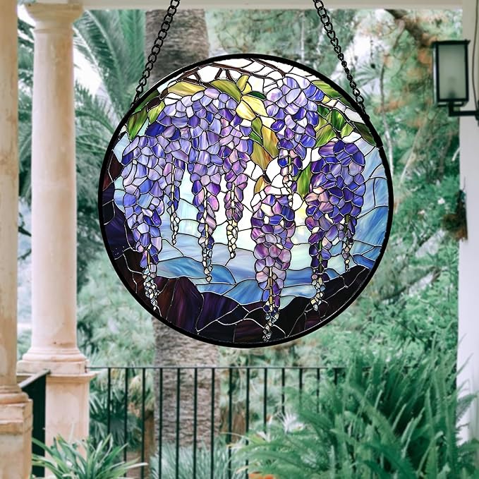 AMDERVEN Stained Glass Window Hanging, Wisteria Flower Sun Catcher for Door Home Decor Purple and Blue Suncatcher Christmas Mother's Day Birthday Gifts for Women Men Mom and Nana 9.8 in