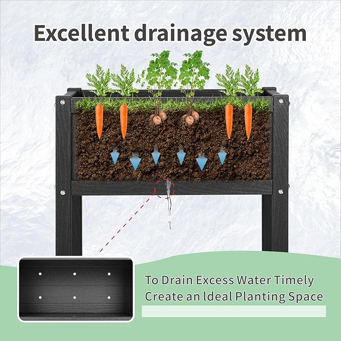 Raised Garden Beds Outdoor,Raised Herb Planter Box Outdoor with Legs and Drainage Hole Waterproof,Rot Resistant,for Vegetables Flower Tomato Patio Backyard Black