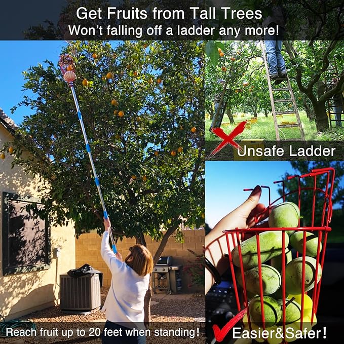 DonSail Pomelo Fruit Picker Pole Tool with Basket Telescoping Long Handle, 35-95 Inch Adjustable Orange Apple Picker Pole Tool with Basket for Avocado Acorn Lemon Pear Mango Tree Picker