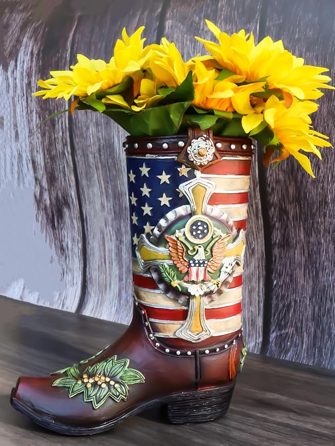 Ebros Gift Rustic Western Country USA American Flag Military Cross Olive Branch Cowboy Boot Decorative Flower Bouquet Vase Or Planter Figurine 9" High Southwestern Centerpiece