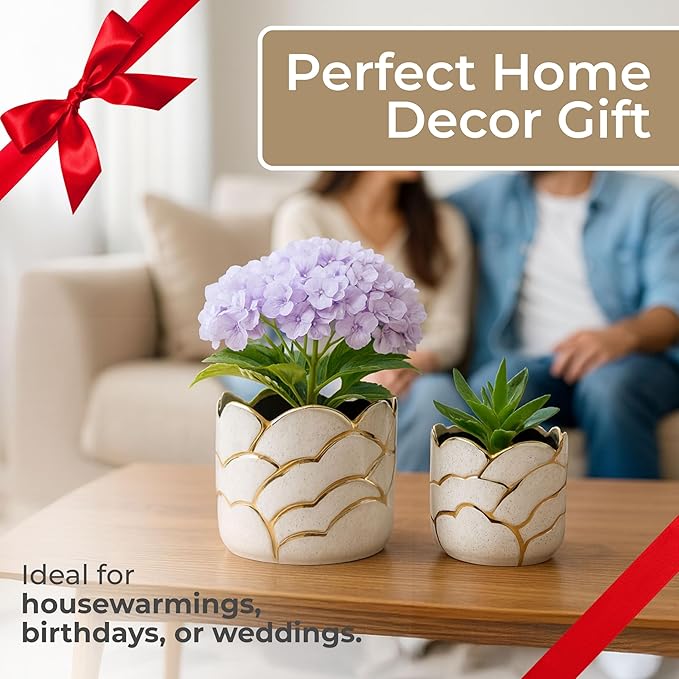 Modern Decorative Home Decor Planters for Flower Pots - Ideal for Indoor and Outdoor Plants for House Decor - Plant Pots for Garden Accent or Plant Stand Indoor - Set of 2, 7", 5", Ivory & Gold