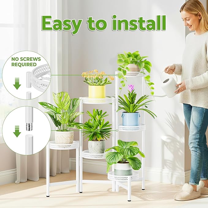 NQW 6 Tier Metal Plant Stand, 6 Potted Multiple Flower Pot Holder Shelf, Indoor&Outdoor Folding Planter Display Shelves for Patio Garden, Living Room, Corner Balcony, Bedroom - WhiteWave