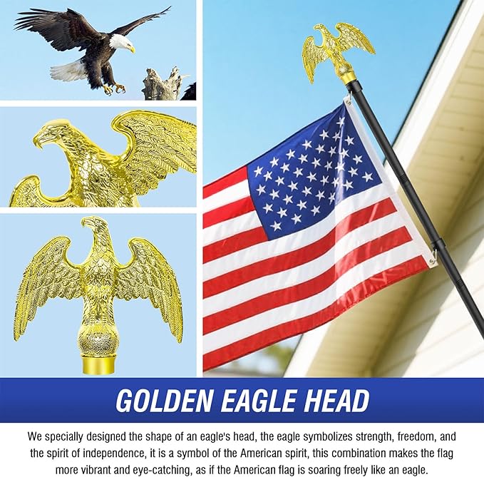 Flag Pole for Outside House, Outdoor Black Heavy Duty Porch 6 FT Flag Pole Kit, for Residential or Commerical, Tangle Free Flagpole (Include American 3 X 5 Flag, Wall Mount Holder, Eagle Shaped Head)
