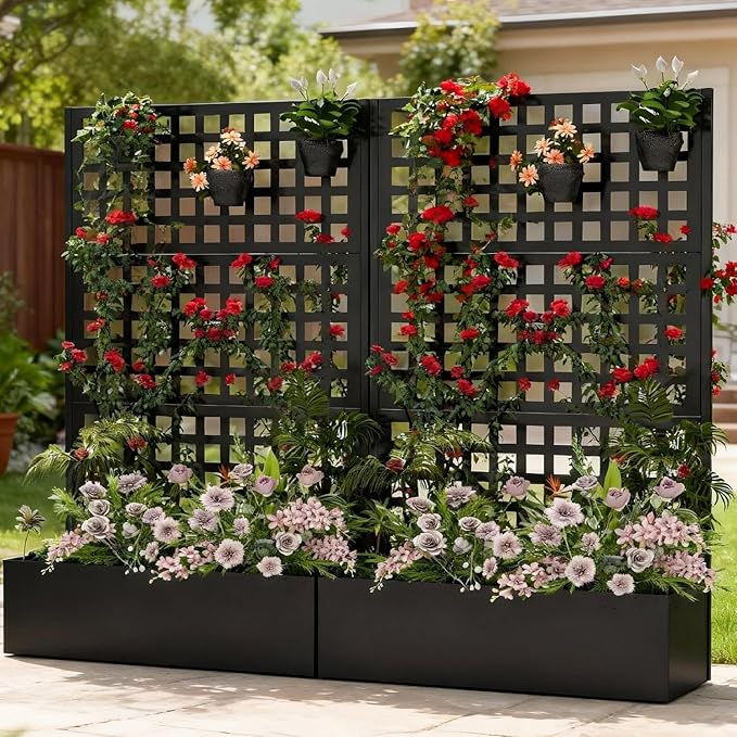 Metal Raised Garden Bed with Trellis, Vegetable and Flower Garden Boxes, Black Planter Box with Trellis for Climbing Plants Vegetable Outdoor Indoor, Large 1Pc