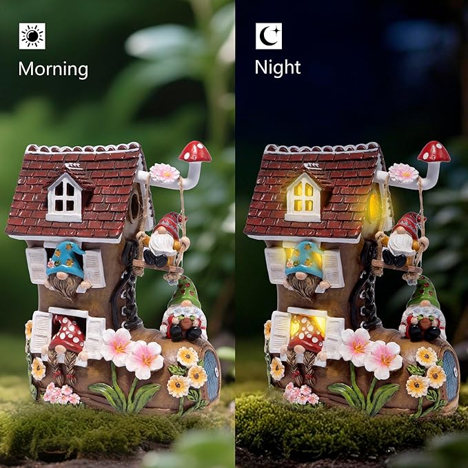 Hodao Spring Solar Gnomes Garden Decor - Whimsical Shoe House with Swinging Gnome, Hand-Painted Floral Base & Mushroom Swing for Porch, Yard, Flower Bed Garden Gifts for Women, Mom (Brown)