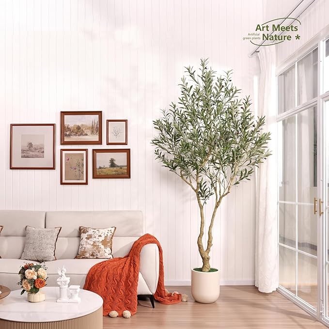 VeriNatural Artificial Olive Tree 8FT Tall, Faux Plants Indoor - Fake Plant with Lifelike Leaves,White Planter - Large Fake Olive Trees for Home Living Room Office Bedroom Floor Decor