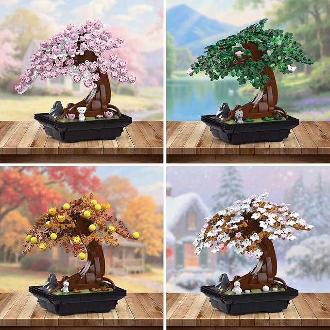 WINGIFT 900Pcs Four Seasons Bonsai Tree Building Set,4In1 Flowers Cherry Blossom Bonsai Building Kit,Botanical Collection DIY Plants for Home Office Decor,Christmas Birthday Gift for Adults Kids Girls
