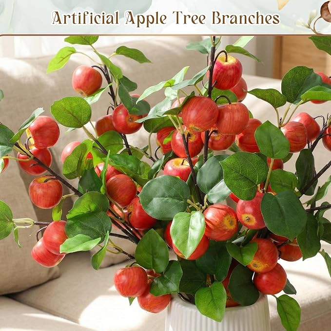 6 Pcs 29.53 Inches Artificial Fake Apple Branches Realistic Tall Apple Bouquets Tree Branch with Long Stem and Green Leaves Fruit Plant for Home Office Vase Filler Shop
