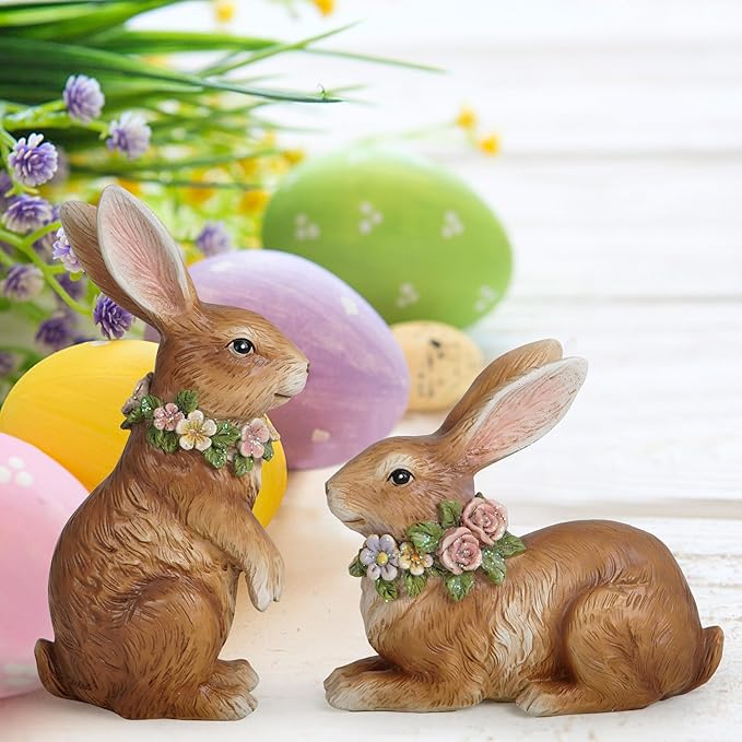 Hodao Spring Garden Patio Bunny Figurine Set (2pcs) The Perfect Accent for a Wonderful Garden-Easter Bunny Figurine Decor Indoor Home Decorations (Brown)