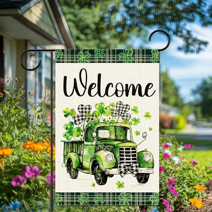 St Patricks Day Welcome Garden Flag 12x18 Inch Double Sided,Shamrocks Truck Buffalo Plaid Outdoor Irish Decor House Porch Flag for St Patrick's Day Party and Yard Decorations