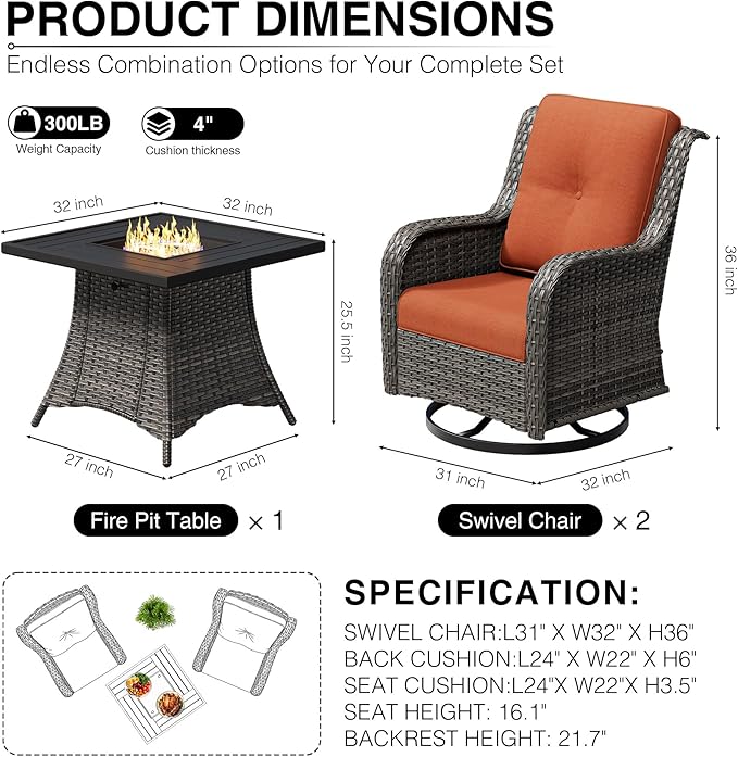 Joyside 3 Piece Wicker Patio Furniture Set with Fire Pit Table, Outdoor Swivel Rocker Patio Chairs with High Back, Deep Seating, Wide Armrest, Thickened Cushions, Outdoor Furniture for Deck, Porch Use