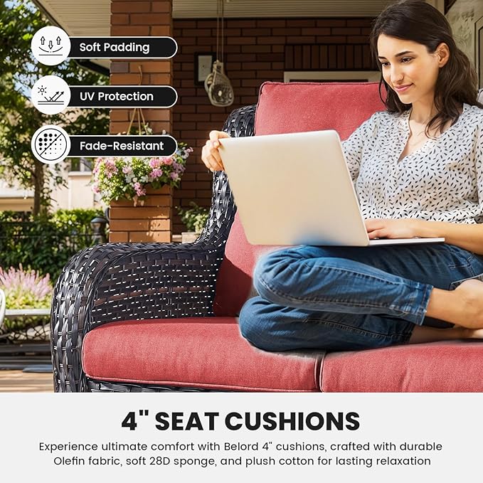 Belord Patio Wicker Furniture 4 Pieces Outdoor Furniture Set Patio Sofa Set with Wicker Chairs and Coffee Table, Paito Conversation Set for Porch Garden Deck Balcony Poolside Grey Red