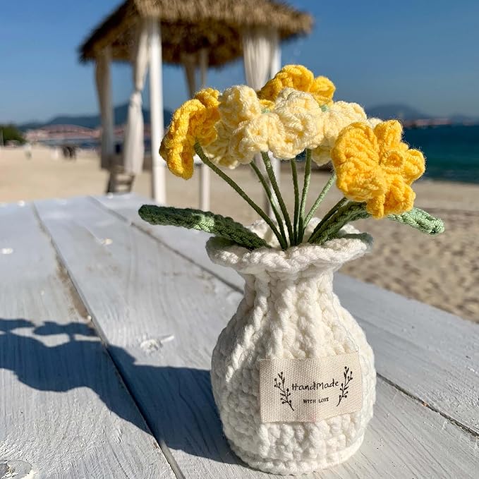 YOOJEE Forget-Me-Not Crochet Flower Potted Plant – Handmade Desk Decor, 7 Bloom Crochet Flowers in Soft Yellow Tones