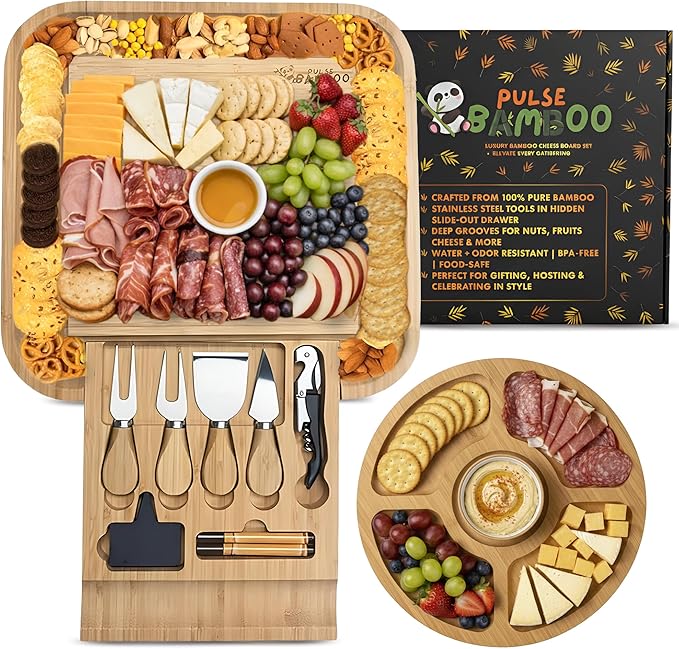 Pulse Bamboo Charcuterie Board Set – Premium Bamboo Cheese Board with Slide-Out Knife Drawer – Complete Hosting Set for Wine Nights & Parties – Perfect Housewarming Gift and Wedding Gift for Couples