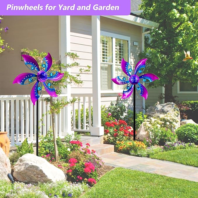 Gronhof Wind Spinners Outdoor Metal, 10.63" W*37" H Pinwheels for Yard and Garden Decor, Kinetic Wind Sculpture Spinner Yard Art (Purple)