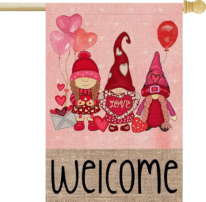 Welcome Valentines Day Gnomes House Flag 28x40 Inch Double Sided Outside Red Balloon for Outdoor Farmhouse Anniversary Holiday Yard Valentine Decoration FF-225