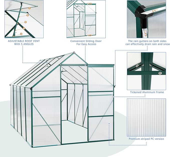 Favfurish 6X10 FT All Season Heavy Duty Walk-in Greenhouses, Outdoor Polycarbonate Plants Green House for Backyard Garden, Sliding Door Raised Base Anchor Aluminum, Green
