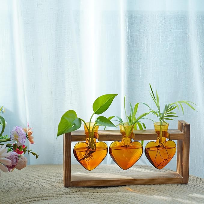 Kingbuy 3-Heart Plant Terrarium Kit - Stained Glass Vase Propagation Station with Vintage Wood Stand - Wall-Mounted Tabletop Indoor Garden Decor for Home Kitchen Wedding Gift for Plant Lover, Amber