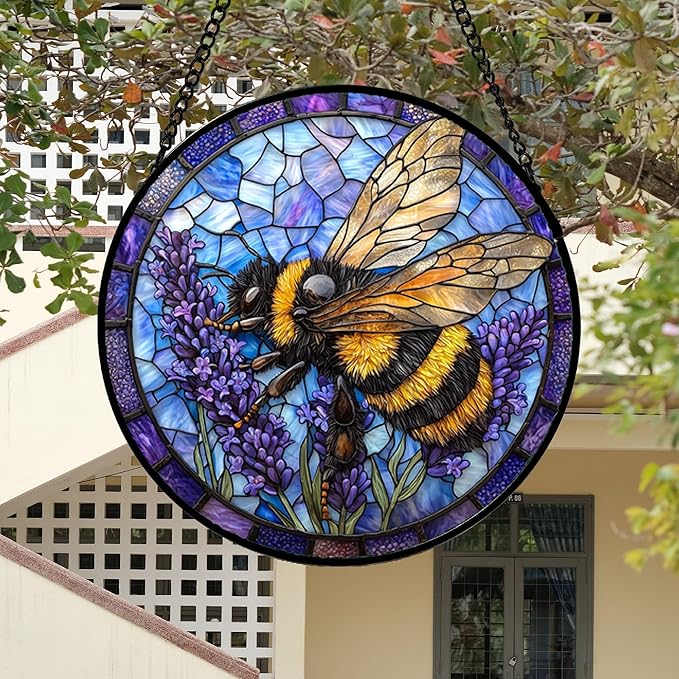 DASTOLL Stained Glass Window Hanging, Bee Lavender Sun Catchers Diamond Glass Panel Hangings Insect Suncatcher Decor for Birthday for Women, Men, Wife, Aunt, and Mom 14.9x14.9 in