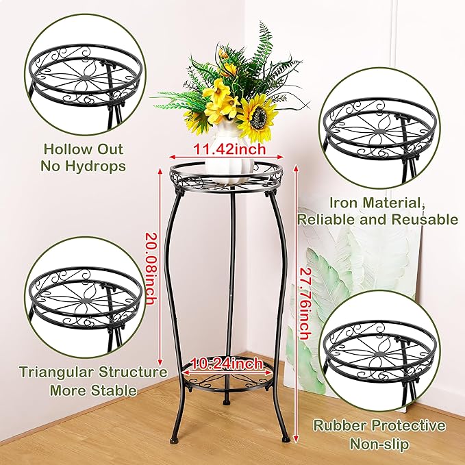 Dunkive Plant Stand indoor Outdoor 2 Tier 27" with Grow Light, Tall Metal Potted Holder Rack Flower Stand Rustproof Iron Heavy Duty Round Plant Shelf for Planter Corner Home Garden Balcony Patio