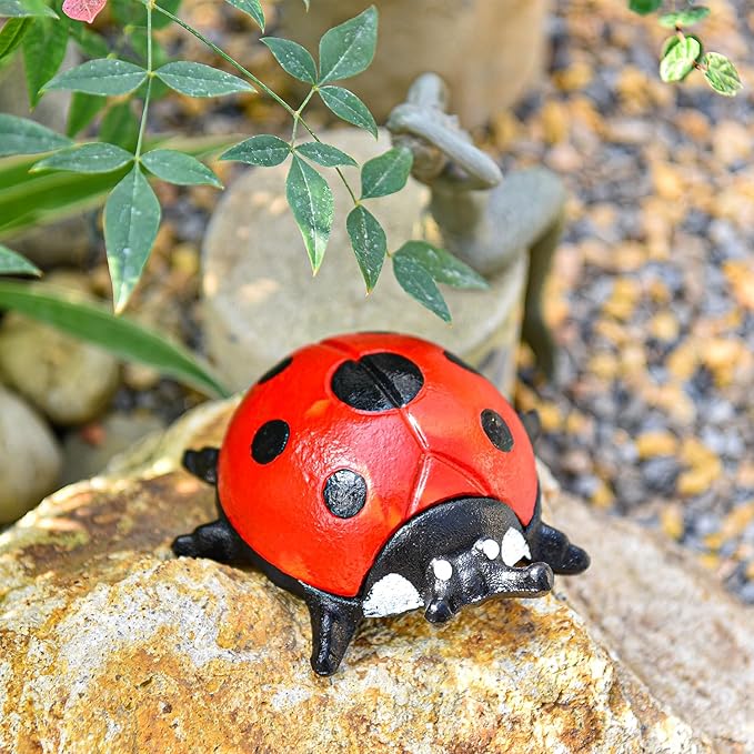 Sungmor Cast Iron Ladybug Key Hider, Hidden Key Holder for Indoor Outdoor, Hand Painted Garden Animal Statue Lawn Ornament, Decorative Jewelry Box Spare Key Hider for Shelf