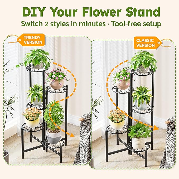 NQW Plant Stand Indoor Outdoor, 5 Tier Corner Metal Flower Display Holder Stand, Folding Tall Plant Rack for Patio Balcony Porch Garden Living Room House, Heavy Duty Wrought Iron Plant Shelf - BlackS
