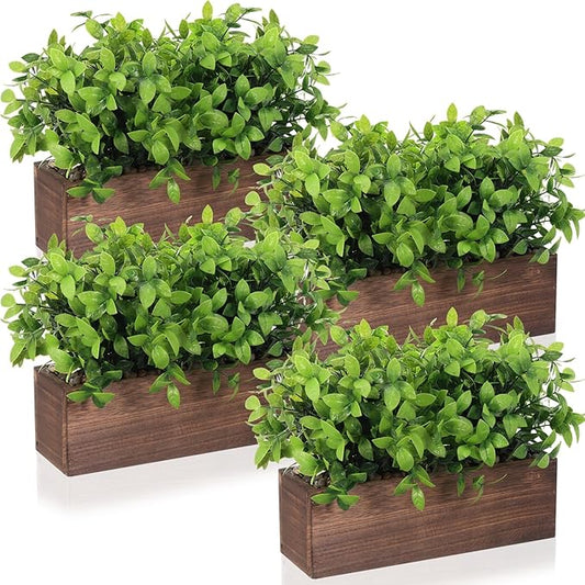 Lyrow 4 Pack Artificial Eucalyptus Plant in Rectangular Rustic Wooden Planter Box Faux Potted Herb Plant Table Centerpiece for Kitchen Windowsill Shelf Decor (Brown,11.4 '')