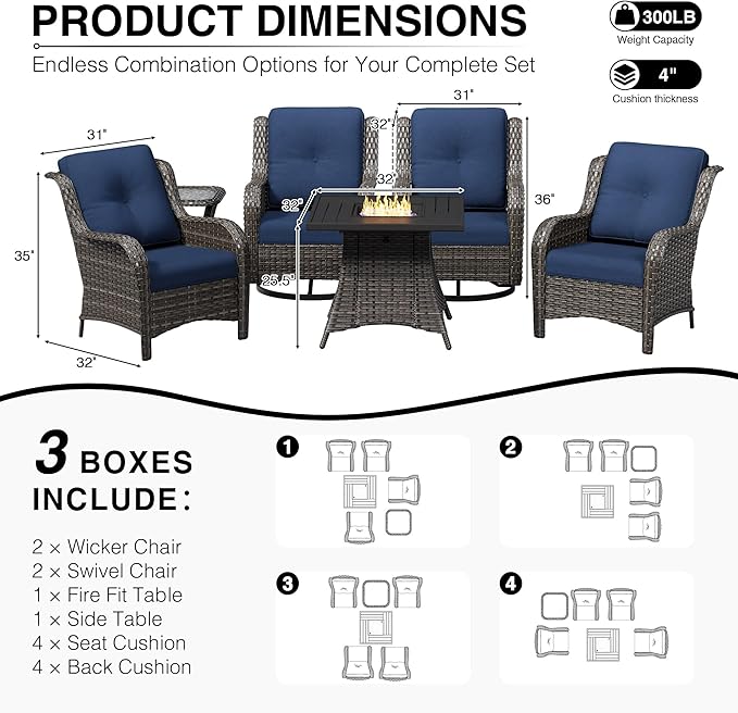 Joyside 6 Piece Wicker Patio Furniture Set with Fire Pit Table, Rattan Patio Chairs with High Back, Deep Seating, Wide Armrest, Thickened Cushions, Outdoor Furniture for Deck, Porch Use