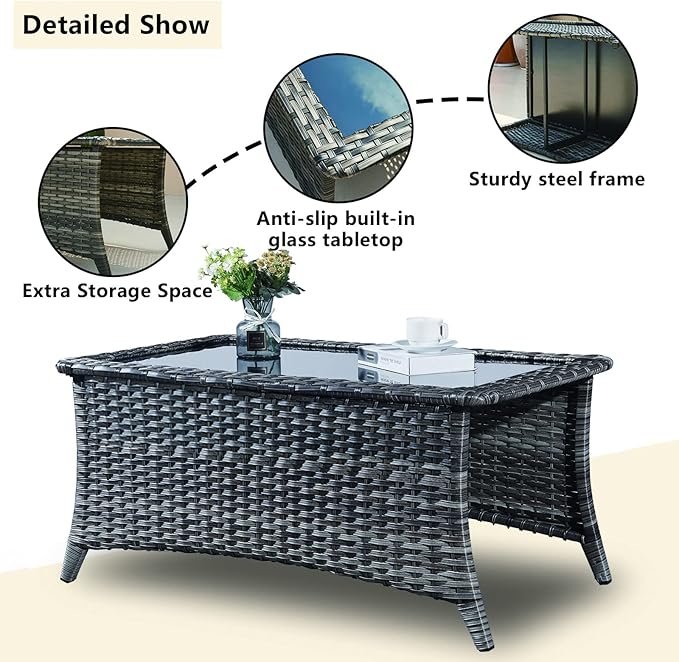 Rilyson Wicker Patio Furniture Set - 7 PC Rattan Outdoor Sectional Conversation Sets with 2 Rocking Swivel Chairs,2 Ottomans,1 Sofa,1 Loveseat and 1 Coffee Table for Porch Deck(Mixed Grey/Blue)