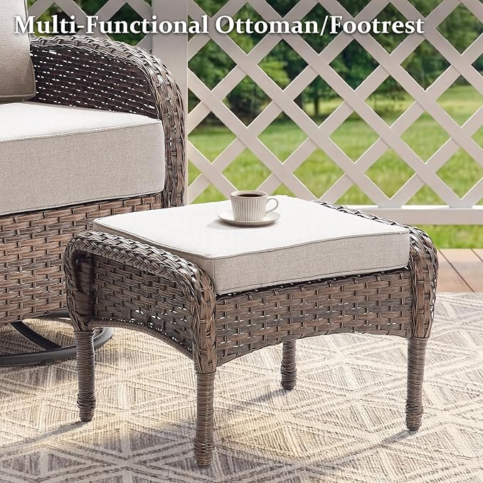 Outdoor Swivel Rocking Chair Patio Set (6-Piece), High-Back - Thick Cushion Swivel Rocking Chair Patio Set, All-Weather Wicker Patio Furniture Set, Suitable for Balcony Patios, Brown/Beige