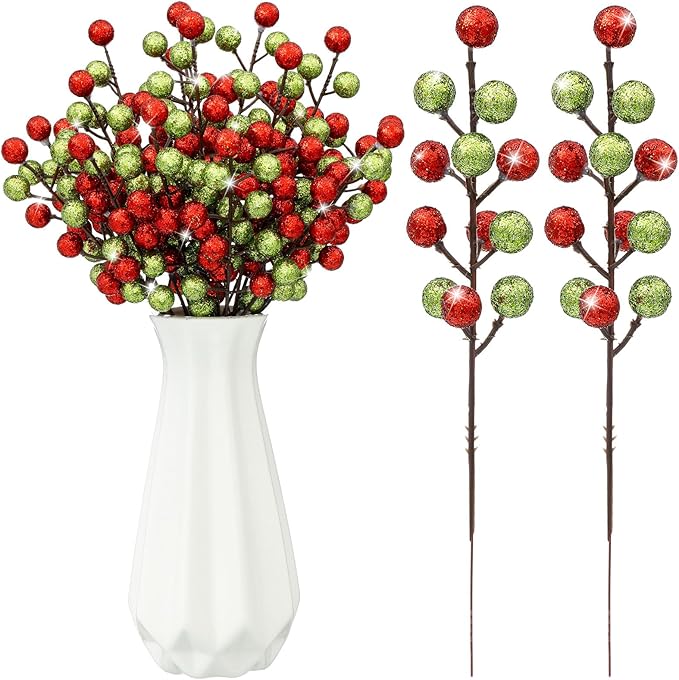 24 Pcs Christmas Glitter Berries Stems, 8.8" H Artificial Christmas Picks for Xmas Tree Ornaments, Holiday Wreath DIY Crafts, Xmas and Home Decor(Red, Green)