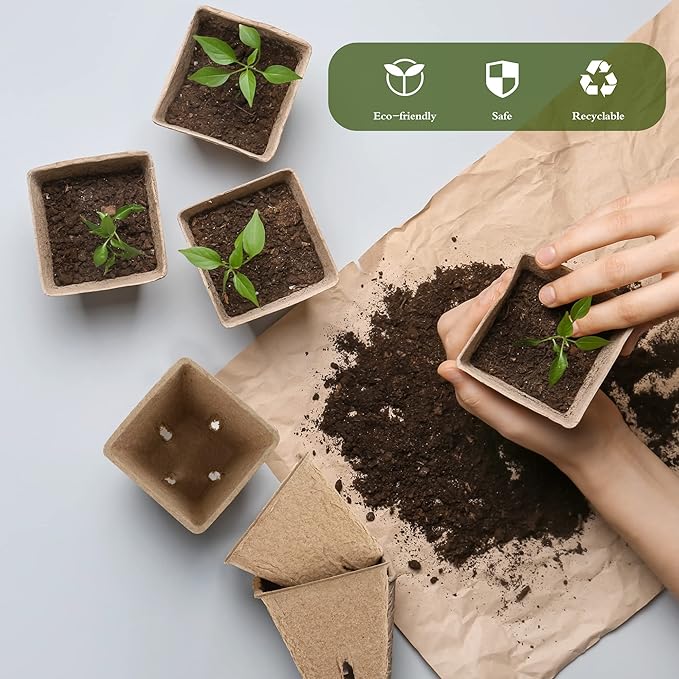 Hahood 120 Pieces Peat Pots Plant Starters 2.3 Inch Square Peat Pots for Herb Seedlings Garden Germination Nursery Pots Organic Germination Plant Starter with Plant Markers Labels for Plants Supplies