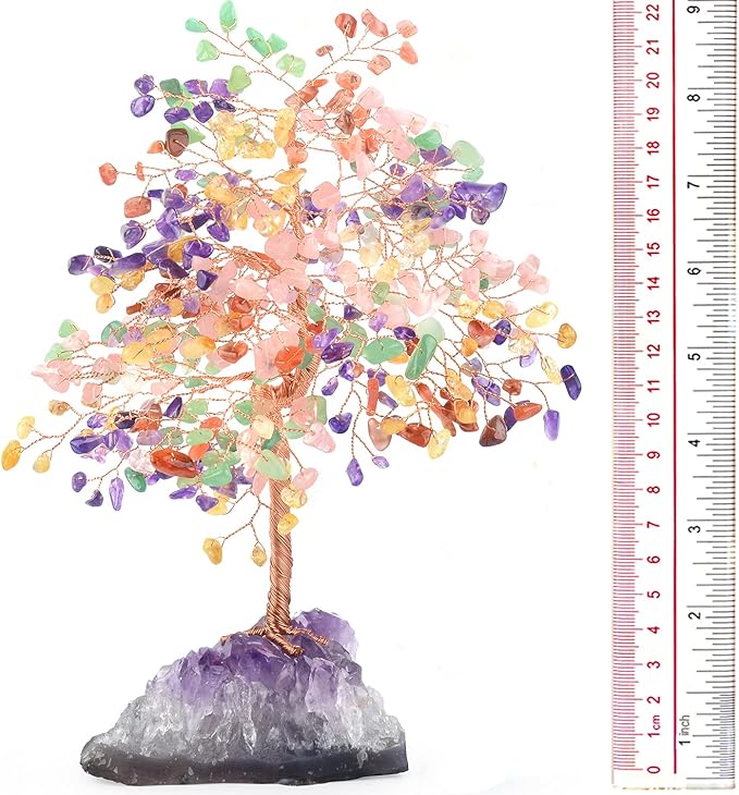MASGEMES Chakra Tree of Life Natural Gemstone Crystal Tree,Healing Stones(406 Stone Count) with Amethyst Cluster,Fengshui Decor Bonsai Money Tree,Positive Energy Good Luck Gift Size 8.5"-9"