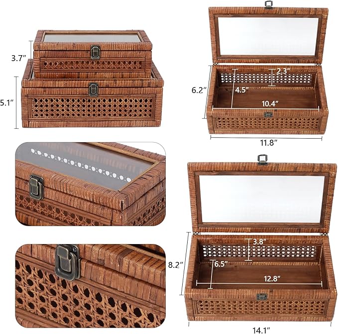 Rattan and Cane Stacking Boxes with Glass Top Lid - Set of 2 11.8" and 14.1", for Boho and Rustic Farmhouse Decor, Brown