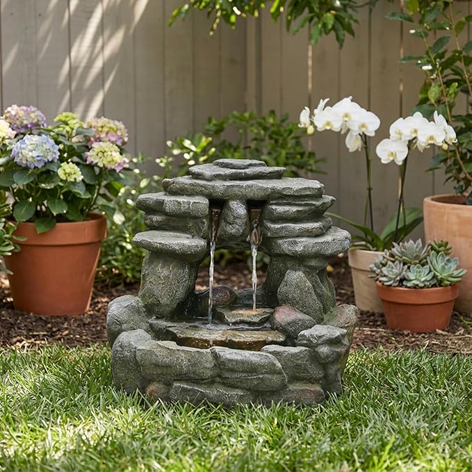 15.6" H Small Garden Outdoor Rock Water Fountain with LED Lights, 3-Tier Cascading Waterfall Fountain for Patio, Porch, Backyard & Indoor Home Decor