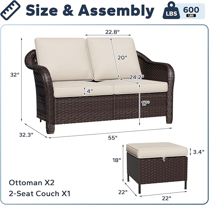 Patio Sectional Couch Set | 55" 2-seat Patio Sofa with 2 Ottomans, Outside Wicker Sofa with Removable Cushions for Bistro, Deck Outdoor Conversation Furniture Set (Beige)